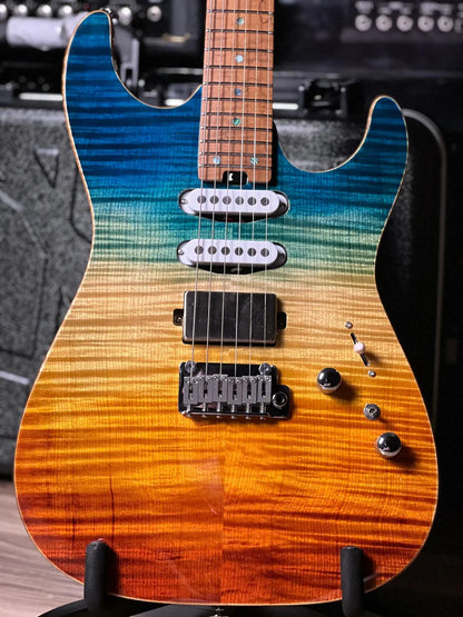 Soloking MS-1 Custom 24 HSS FMN Roasted Flame Maple Neck in Beach Sunset Surf Fade JESCAR